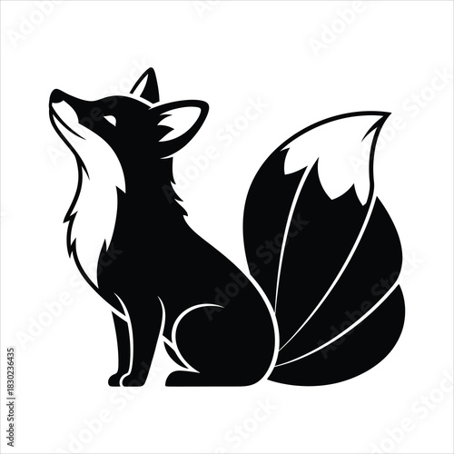 Elegant black fox illustration with a large bushy tail looking up