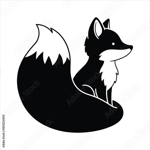 Charming black and white stylized fox illustration in a minimalist silhouette design