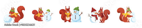 Playful Squirrels Building Snowman Vector Illustration