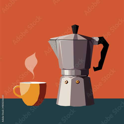 Retro Moka Pot and Steaming Coffee Cup in Flat Design Illustration