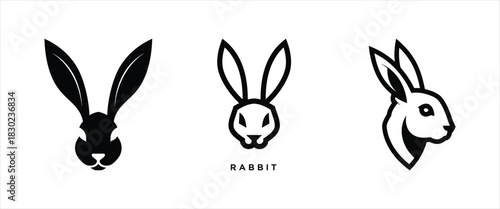 Set of minimalist black and white rabbit head logo design concepts