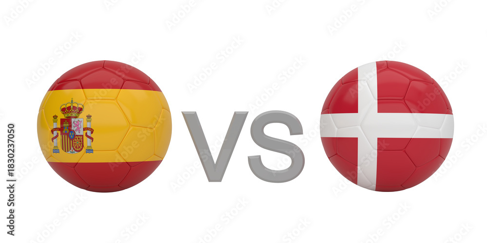 Naklejka premium Football match confrontation between Spain and Denmark national teams with flags on soccer balls