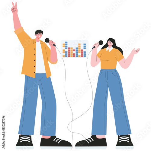 Dating Illustration. Vector illustration of Boyfriend and girlfriend singing karaoke together with microphones, fun music date night in flat style. Isolated on background