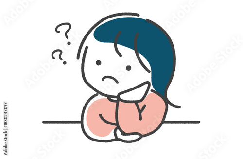 手描き　疑問を抱いて頭の上にクエスチョンマークが浮かんでいる女性