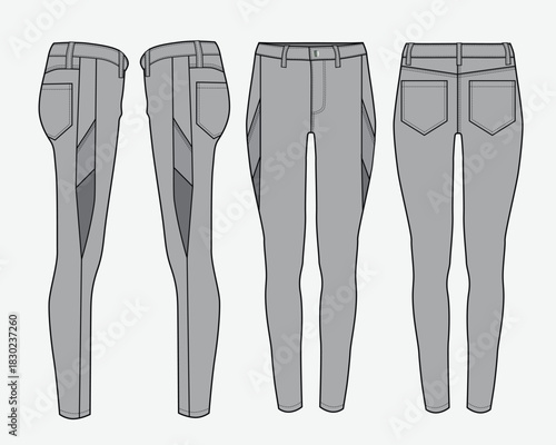 Female skinny jeans pant front and back view technical flat drawing vector mockup illustration.