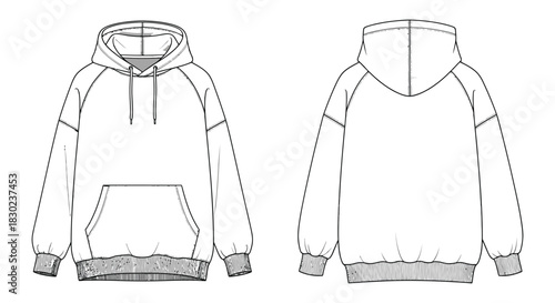 Technical fashion illustration of a casual hoodie design front and back views in a clean silhouette