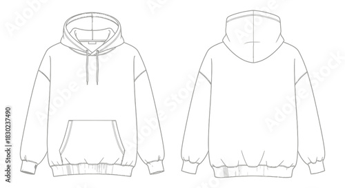 Technical fashion illustration of a blank oversized hoodie front and back views silhouette