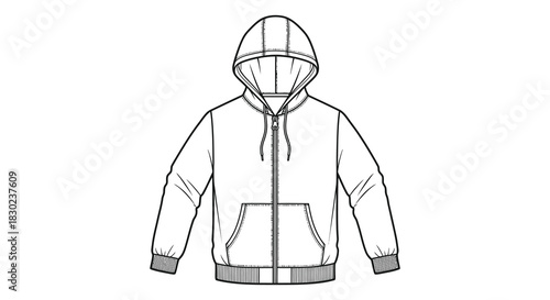 fashion technical illustration of a hooded sweatshirt with drawstring and pocket details silhouette