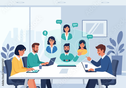 A team of diverse professionals collaborating in a virtual meeting, connected via technology.