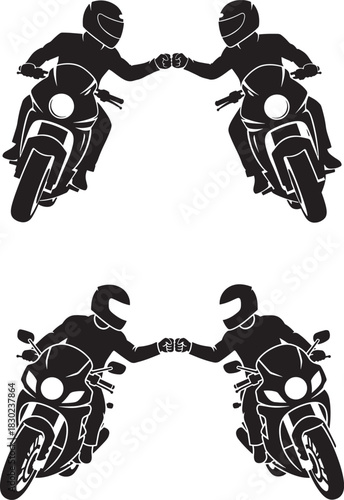 Motorcycle riders fist bumping black vector silhouette on white background