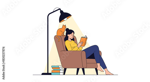 A woman comfortably reads a book in an armchair with her cat nearby under the warm light of a floor lamp, enjoying a peaceful moment.