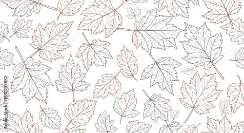 A beautiful and detailed seamless pattern featuring various autumn leaves in a delicate brown dotted outline against a pure white background.