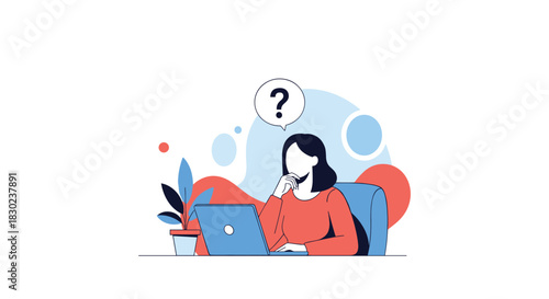 Thoughtful woman ponders over a problem while working on her laptop at a desk, surrounded by abstract shapes, symbolizing inquiry.
