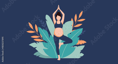 An illustration of a serene pregnant woman practicing yoga in a tree pose amidst lush green leaves, embodying prenatal wellness and mindfulness.