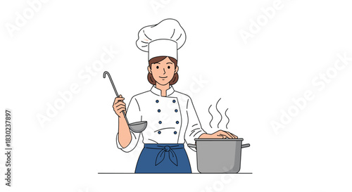 A cheerful female chef in a traditional uniform holds a ladle and tends to a steaming pot, ready to serve a delicious meal.