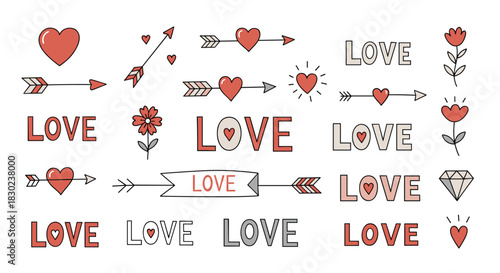 A delightful set of hand-drawn Valentine's Day doodles featuring hearts, arrows, the word \.