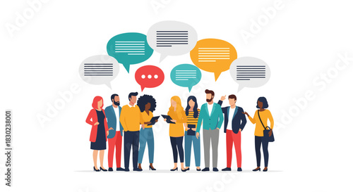 Diverse group of individuals communicates and collaborates, represented by numerous speech bubbles over their heads.