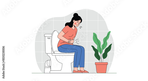 A distressed woman experiencing stomach pain or digestive issues sits uncomfortably on a toilet in a bathroom, feeling unwell.
