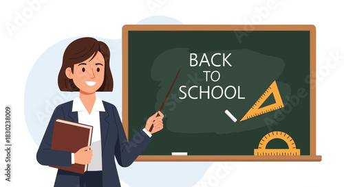 A smiling female teacher stands in front of a green chalkboard with a 'Back to School' message, holding a book and pointer, ready for lessons.