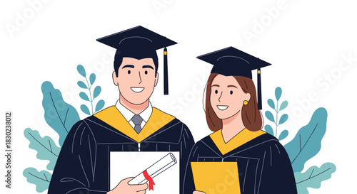 Two smiling university graduates, a man and a woman, proudly presenting their diplomas and academic success.