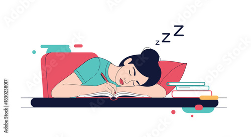 An exhausted young woman has fallen asleep on her open textbook at a desk, surrounded by study materials after a long study session.