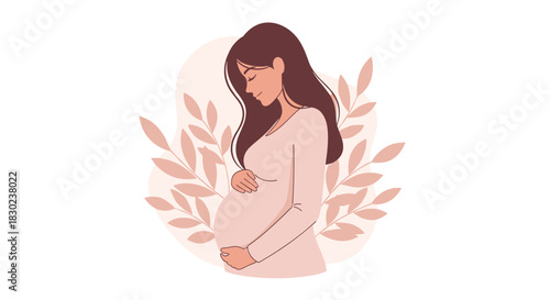 Serene illustration of a pregnant woman embracing her belly with a gentle smile, symbolizing maternal love and the anticipation of motherhood.
