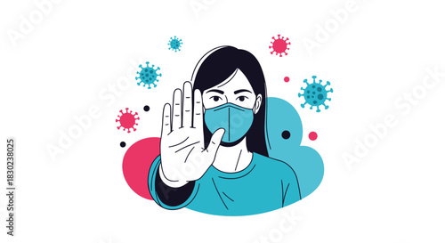 Woman in a face mask signaling to stop the spread of a virus or infectious disease with her outstretched hand.