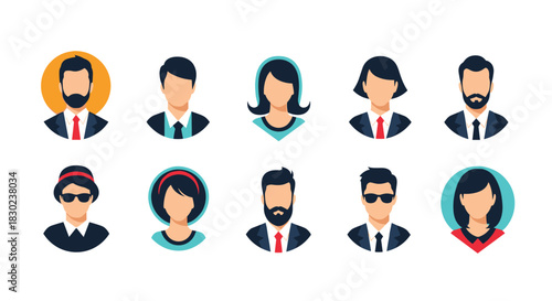 A collection of diverse flat design avatar icons representing various professional men and women.