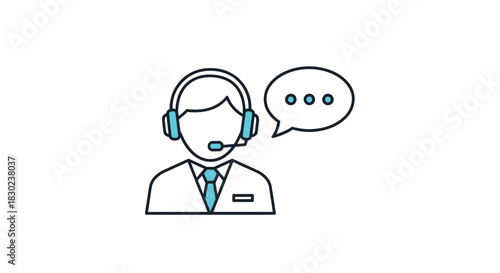 Line art illustration of a customer service representative wearing a headset and a speech bubble, symbolizing communication and support.