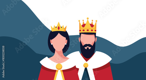 A regal illustration of a king and queen in crowns and royal robes, standing together, symbolizing monarchy, power, and leadership.