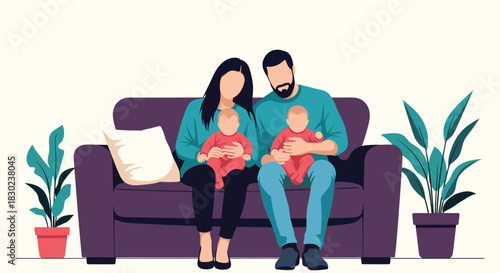A happy family, including parents and their two infant children, relaxes comfortably together on a sofa in their home, surrounded by potted plants.
