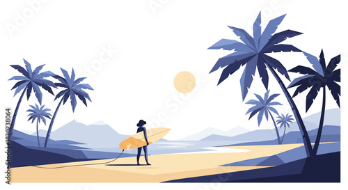 A peaceful tropical beach scene featuring a surfer with their board, framed by swaying palm trees and distant mountains at sunset.