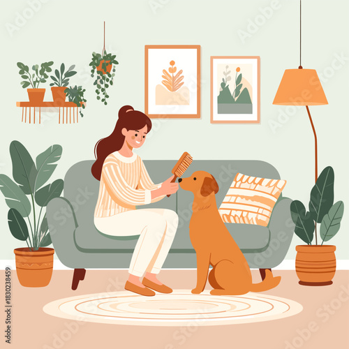  a woman sitting on a sofa is cleaning a pet dog's fur