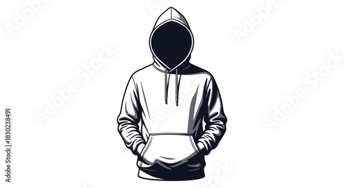 A striking black and white illustration depicts a hooded figure a mysterious silhouette