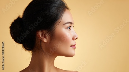 Graceful Pastel-Peach Beauty Shot of a Radiant Southeast Asian Woman with a Sophisticated Updo and Timeless Warm Tones
