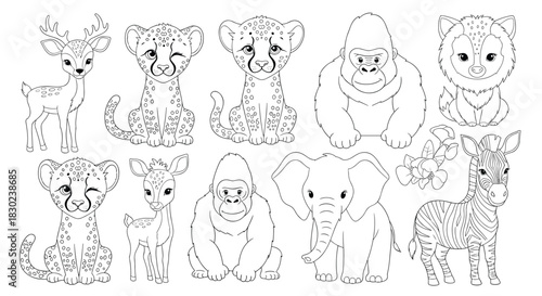 Collection of cute cartoon baby wild animals including a deer, cheetahs, gorilla, elephant, fox, and zebra.