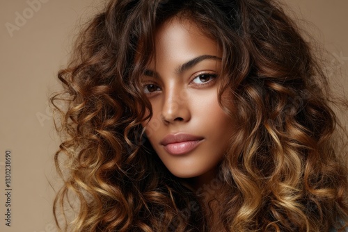 Luxurious Side-Profile Portrait of an African Woman with Long Curly Ombre Hair and Glowing Deep Brown Skin in Warm Beige Light
