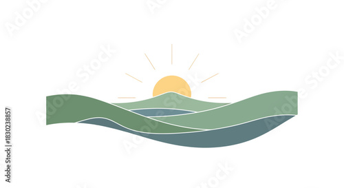 A serene and minimalist graphic depicting a new day's sun rising over rolling hills and tranquil waves, symbolizing a fresh start and a peaceful horizon