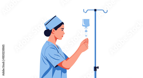 Nurse Checking IV Drip in Hospital - Healthcare Professional