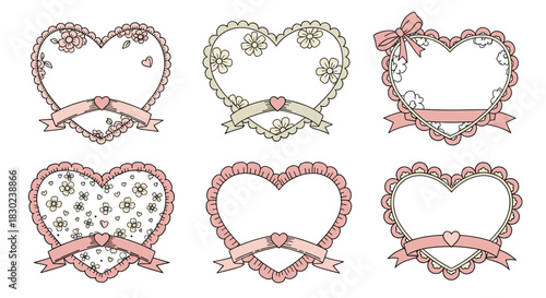 Collection of six hand-drawn heart-shaped frames with floral and ribbon embellishments.