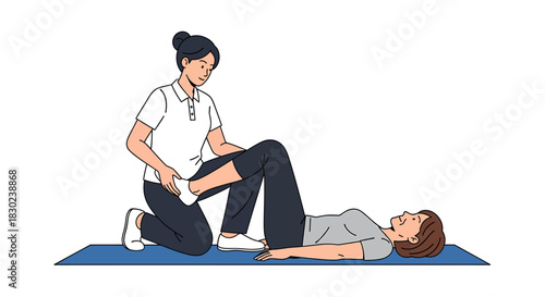 Physical therapist assisting a patient with leg rehabilitation exercises on a mat