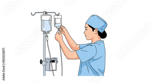 Medical professional adjusting an intravenous drip bag for patient care