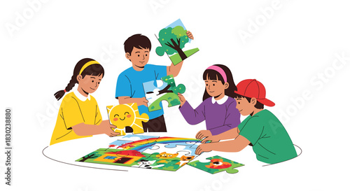 Group of diverse children happily collaborating on a colorful jigsaw puzzle at a round table