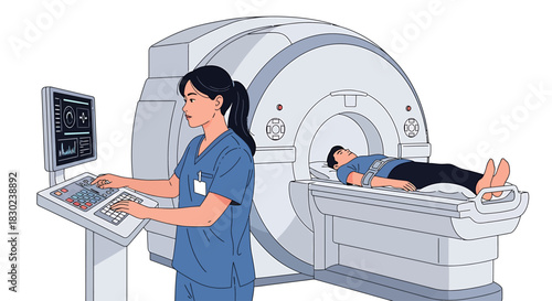 A medical professional conducting a diagnostic magnetic resonance imaging scan on a patient lying inside an advanced MRI machine at a clinic