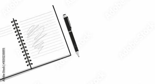 An open spiral notebook with scribbles and a pen, a black and white vector illustration for business or education concepts on a white background