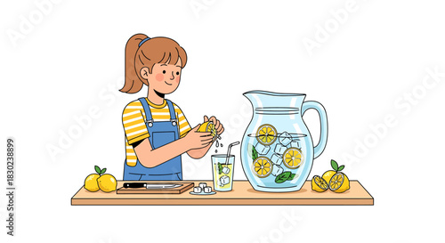 Girl Making Lemonade Fresh Homemade Drink Illustration