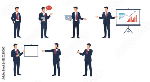 Collection of businessmen in suits posing and presenting with props like laptops and charts.