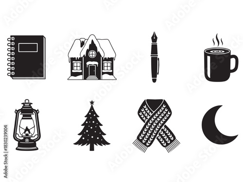 Brutalist Seasonal Icons. Seasonal Inspiration silhouette icon set: sketchbook, snow-covered cabin, pen, steaming cup, lantern, fir tree, scarf, moon.