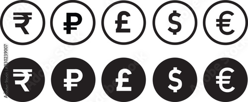 Currency symbols icons set. Dollar, Euro, Pound, Rupee, Franc, Ruble, Yen, Won, black and white vector illustration