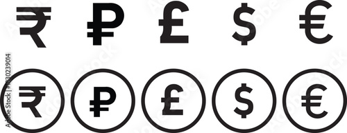 Currency symbols icons set. Dollar, Euro, Pound, Rupee, Franc, Ruble, Yen, Won, black and white vector illustration